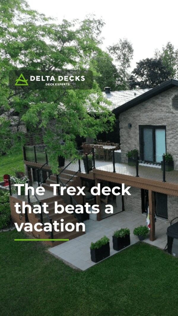 While everyone’s booking flights and packing beach bags, we’d rather just walk out the back door. This two-level Trex build in Barrie turned a regular backyard into the kind of place you don’t want to leave — hot tub, two outdoor kitchens, and a lake view that beats most hotel windows. No airport lines, no check-in times, no rushing home before it’s over.The lower patio stays dry all season thanks to a full Trex RainEscape system, so rain never cancels the plans. Glass railings keep the view wide open, and custom privacy screens keep it feeling like your own escape.

Ready to build your own staycation? Call us at (416) 915-2693 for a free estimate.