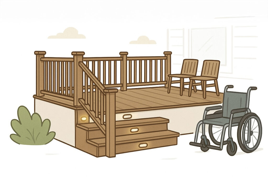 Illustration of a wooden porch with railings, two chairs, stairs with built-in lights, a nearby green bush, and a wheelchair positioned at the base of the steps.
