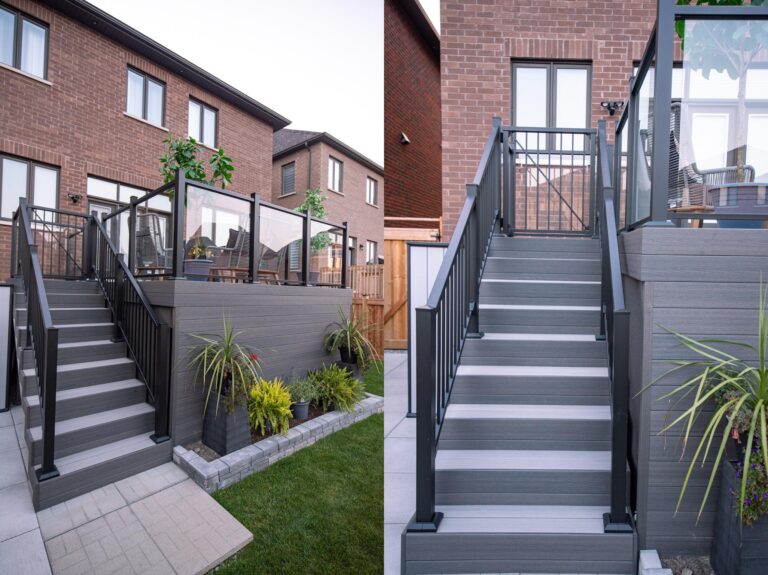 Side-by-side images of the Fiberon modern outdoor staircase with gray steps and black railings leading to a raised patio. The patio is bordered by glass panels and decorated with potted plants. The setting includes brick walls and a paved walkway.
