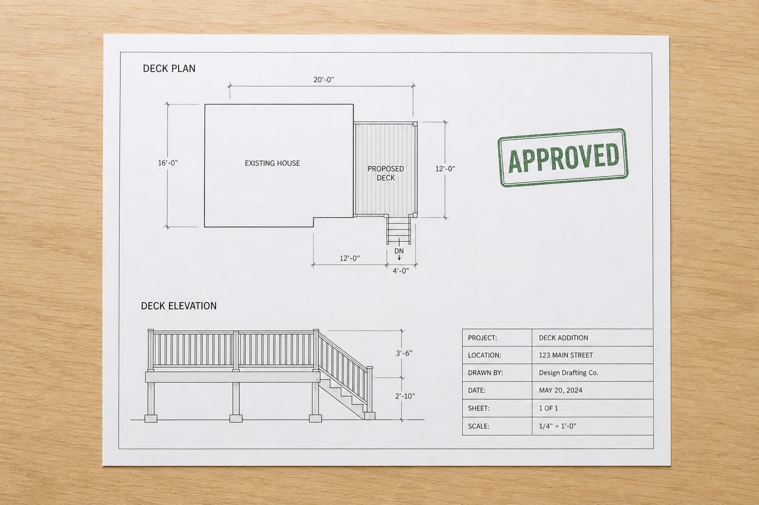 Approved deck permit plan with a deck schematic and elevation
