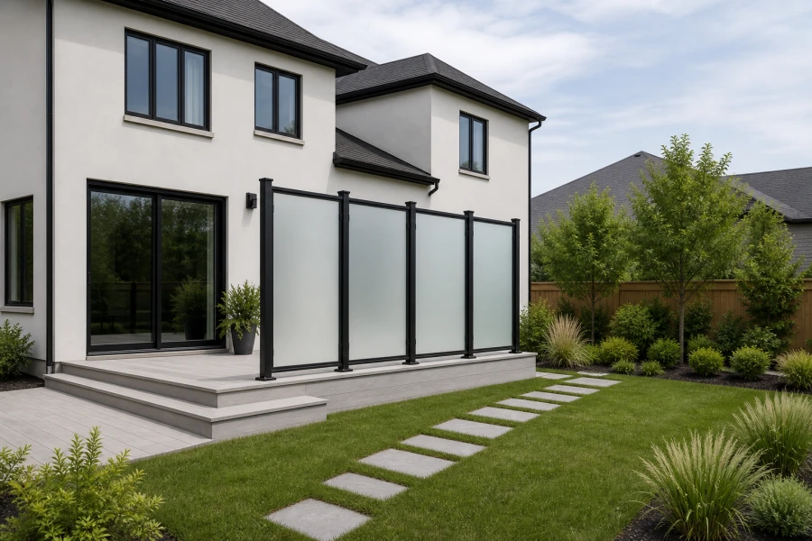 Frosted privacy glass panels held between black metal posts