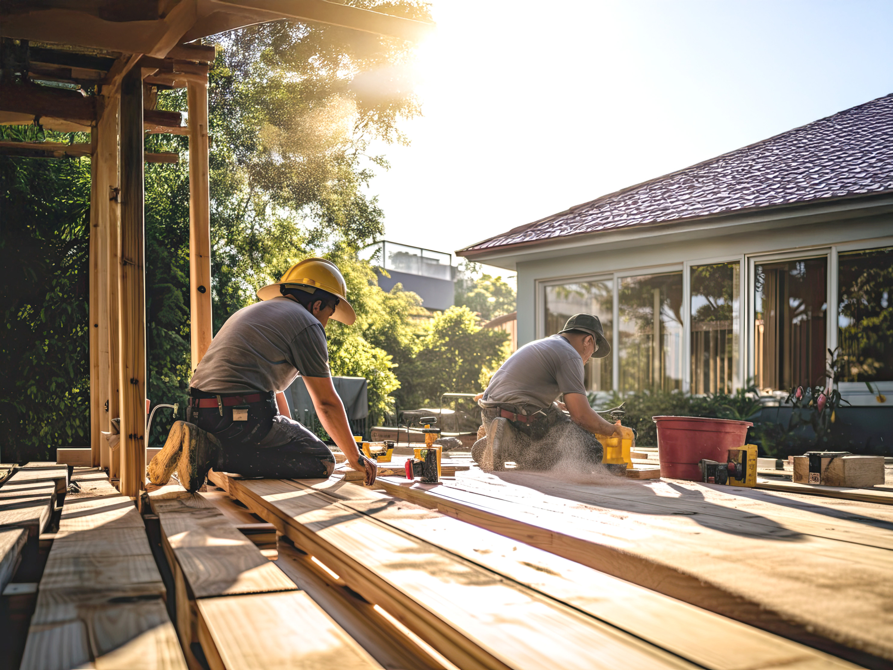 deck-builder-toronto-and-gta Two construction workers, resembling skilled Toronto deck installers, kneel on a wooden deck, wearing hats and using tools. Sunlight filters through the trees, illuminating the scene. A house with large windows is in the background, surrounded by lush greenery.