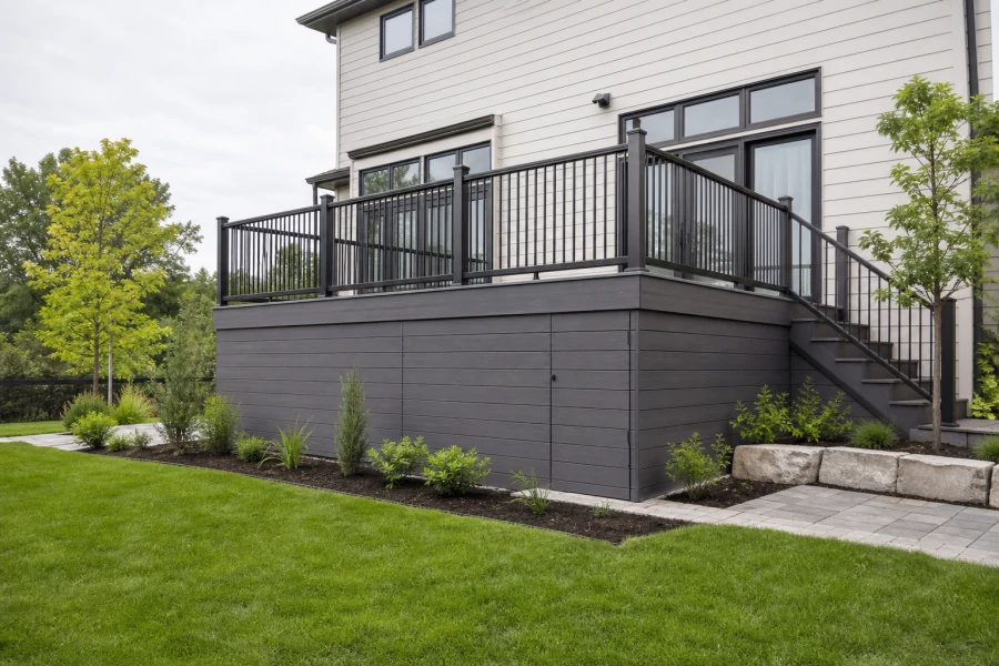 Horizontal composite skirting enclosing a raised deck base