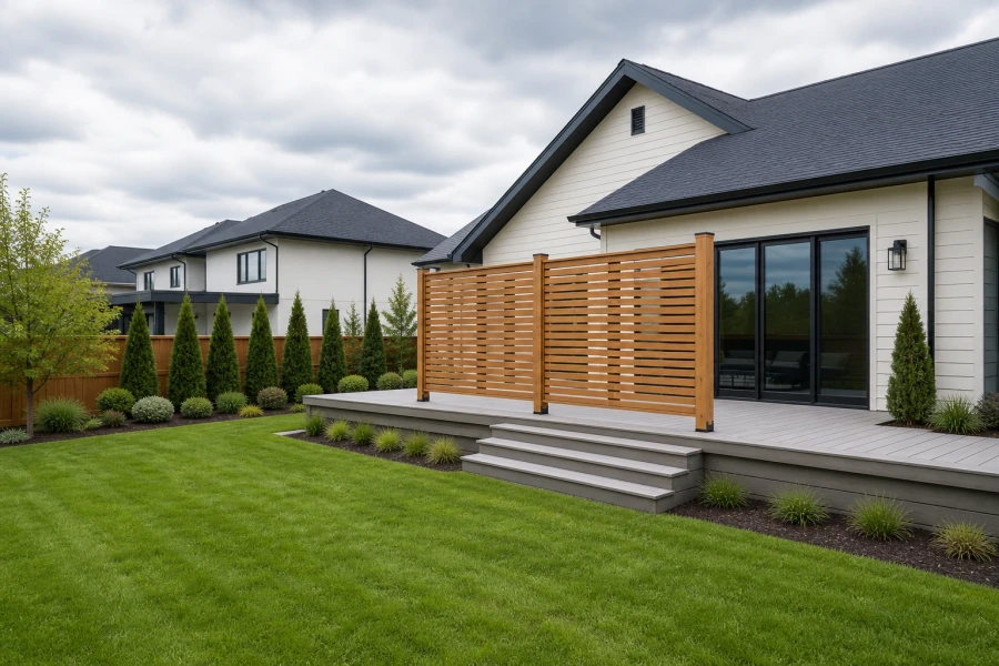 Full-height horizontal cedar privacy wall on a grey backyard deck