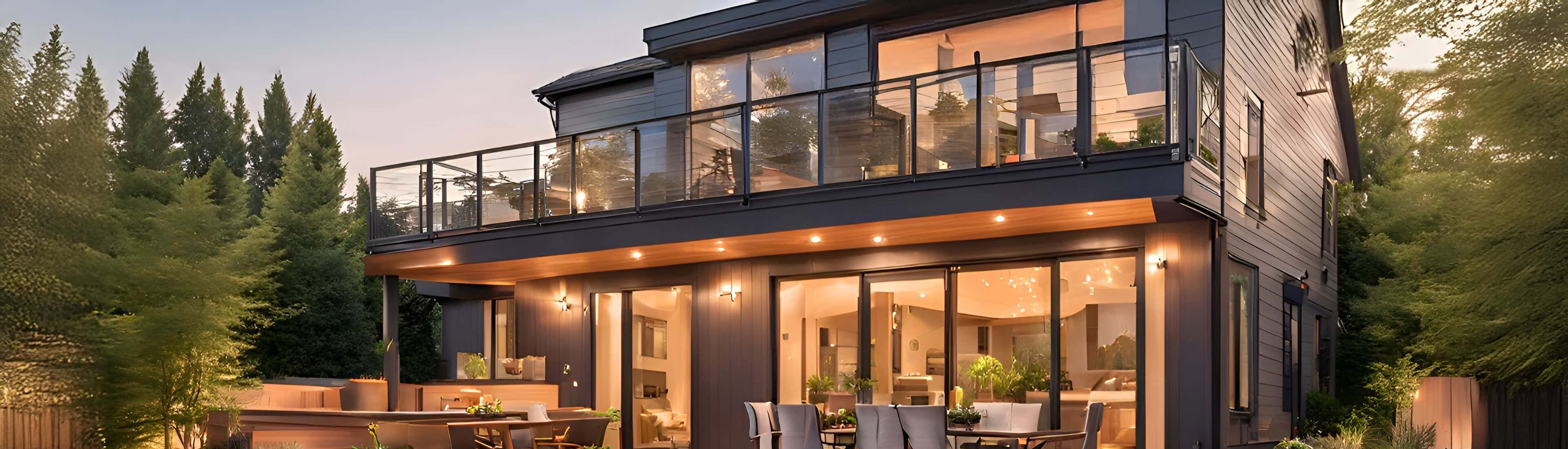Delta Decks custom outdoor decking toronto A modern house with a spacious wooden deck and outdoor dining area, surrounded by greenery. The deck features steps leading to a landscaped garden with gravel and plants. The house has large glass doors and balcony railings, with evening lighting.